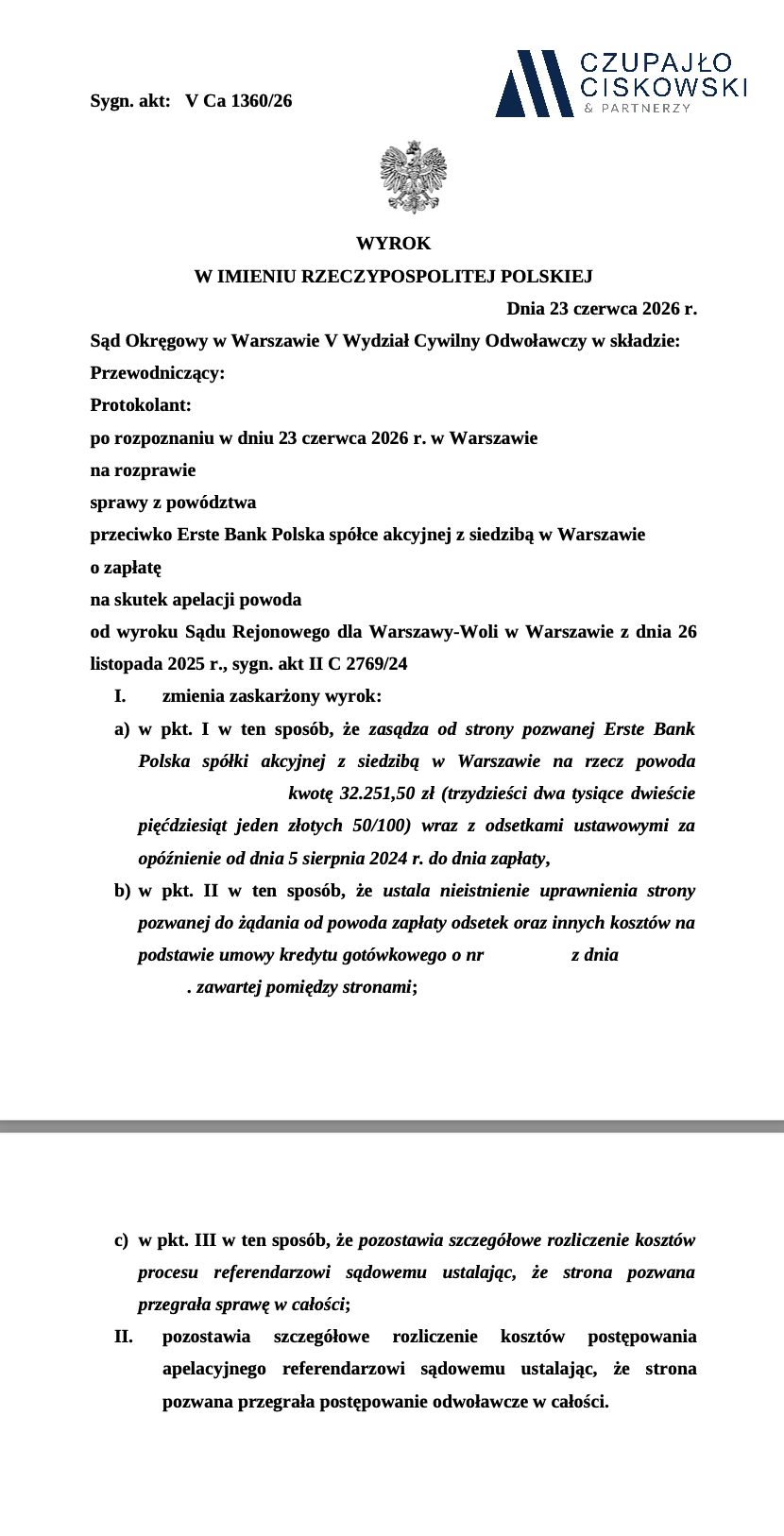 Pierwsza strona zanonimizowanego wyroku, sygnatura V Ca 1360/26
