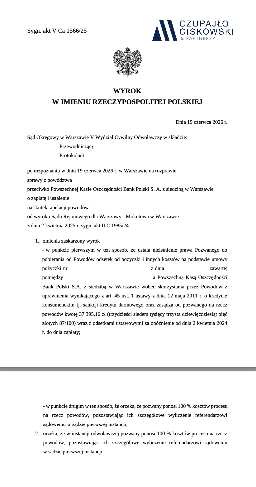 Pierwsza strona zanonimizowanego wyroku, sygnatura V Ca 1566/25