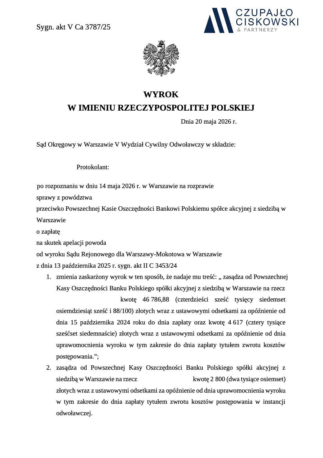 Pierwsza strona zanonimizowanego wyroku, sygnatura V Ca 3787/25